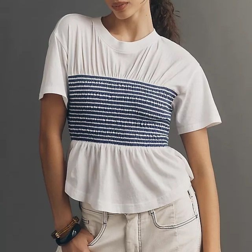 Maeve Anthropologie (NEW) Smocked Top Size Medium White Navy Blue
